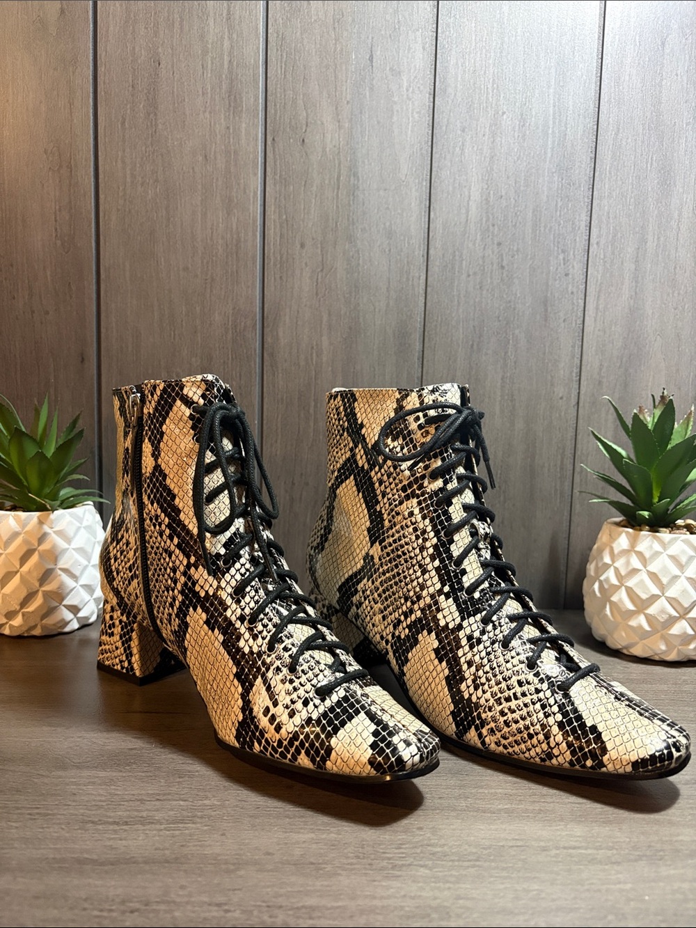 Size 7 Paolo Black & Cream Snake-Print Lace-Up Ankle Boots